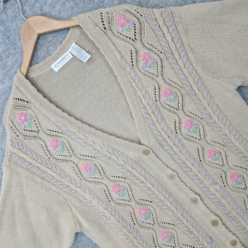 Elisabeth Cardigan Womens 3 3X Beige Linen Blend Floral Embroidered Short Sleeve